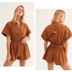 Free People No Plans Romper Brown Ruched waist short sleeve romper tie waist